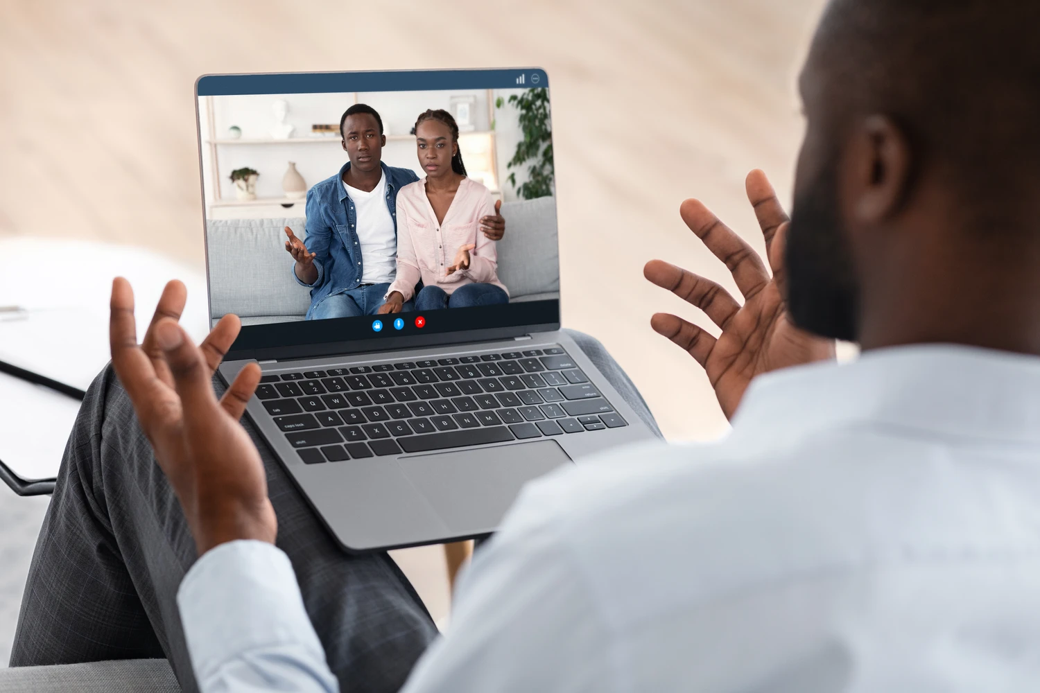 Family Therapist Consulting Black Young Couple Online Via Laptop, Selective Focus