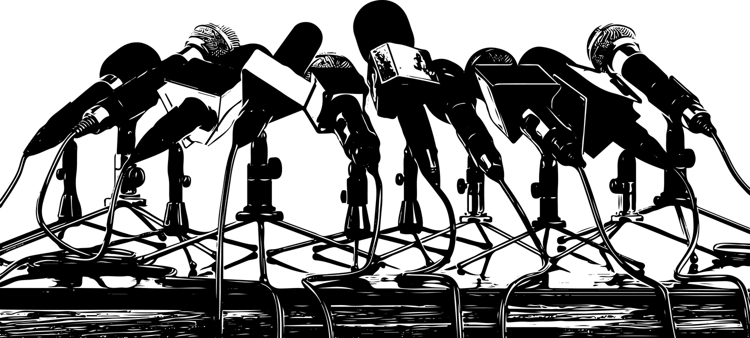 silhouette of press mic in row, sketch drawing of professional microphones