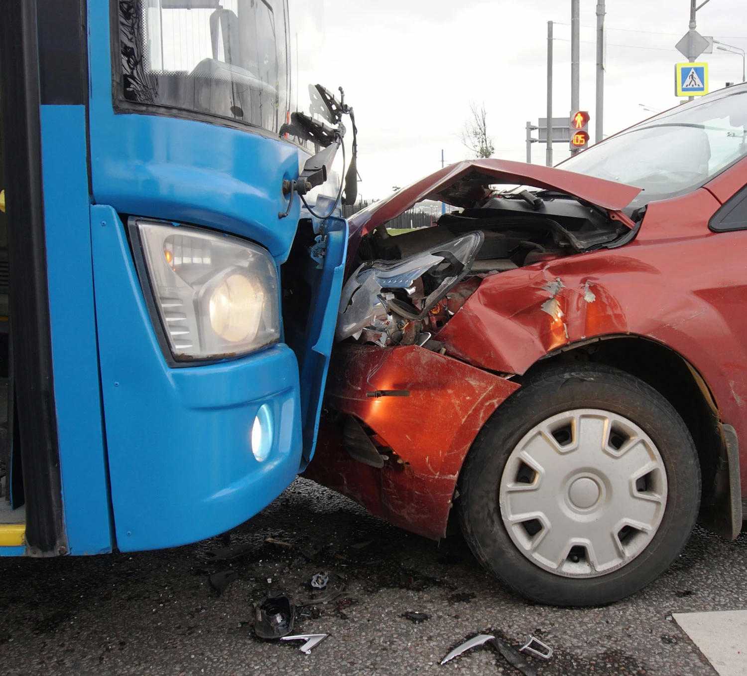 Frontal collision of a car and a bus. Head-on collision between bus and car