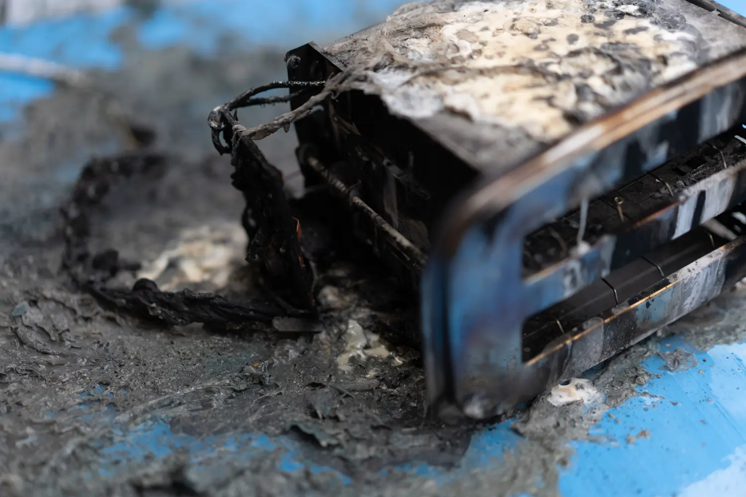 Toaster after fire. Household electrical appliance fire hazard.